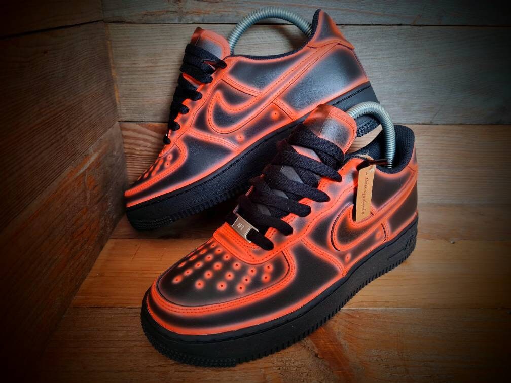 Custom Painted Air Force 1 - Neon Orange Black Cartoon Trainers