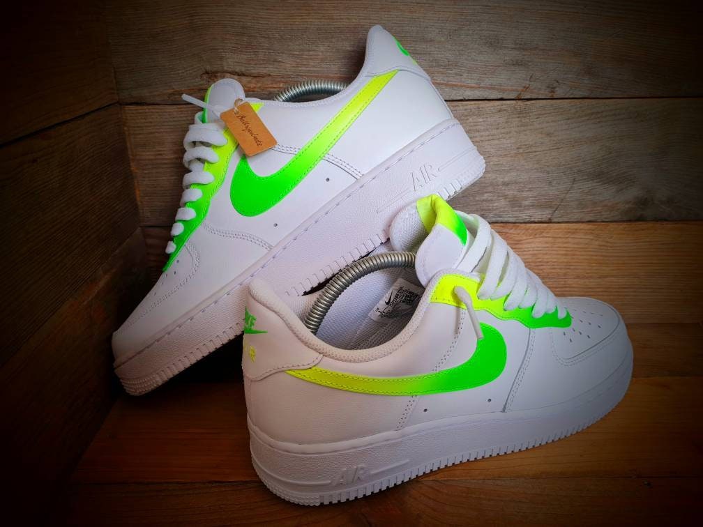 Custom Painted Air Force 1 - Neon Green Yellow Fade Trainers