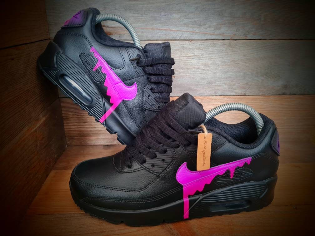 Custom Painted Air Max 90 - Black Neon Purple Drip Trainers