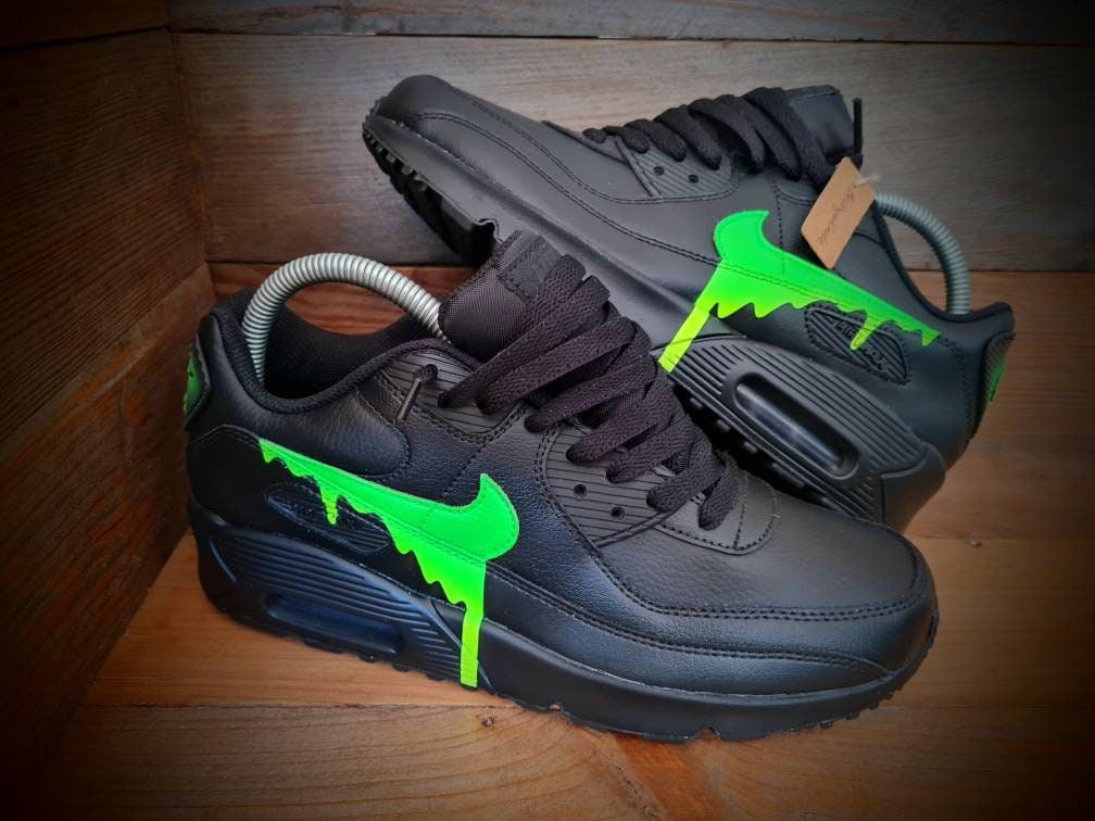 Custom Painted Air Max 90 - Black Neon Green Drip Trainers