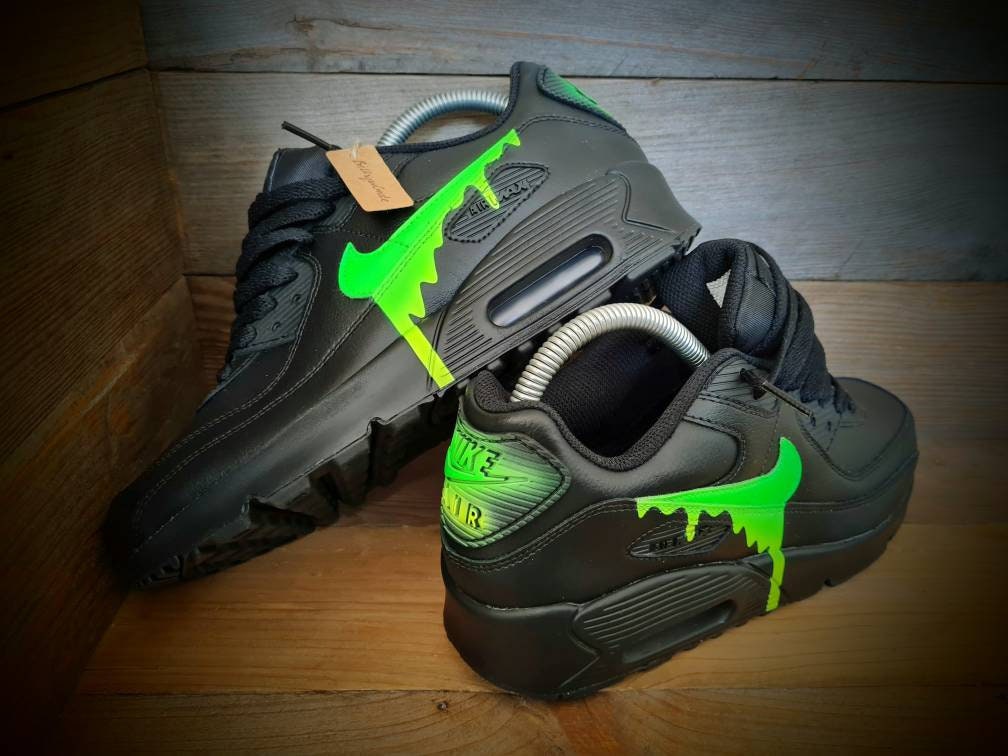 Custom Painted Air Max 90 - Black Neon Green Drip Trainers