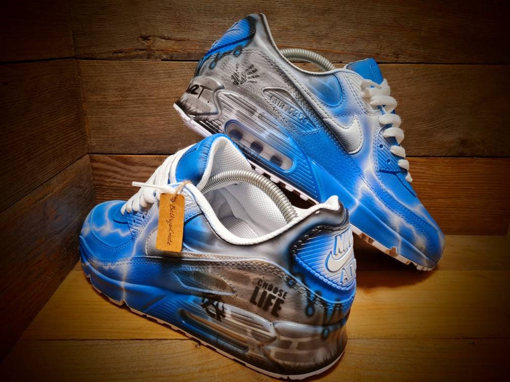 Custom Painted Air Max 90 - Neon Blue White Brick Wall Graffiti Drip Trainers