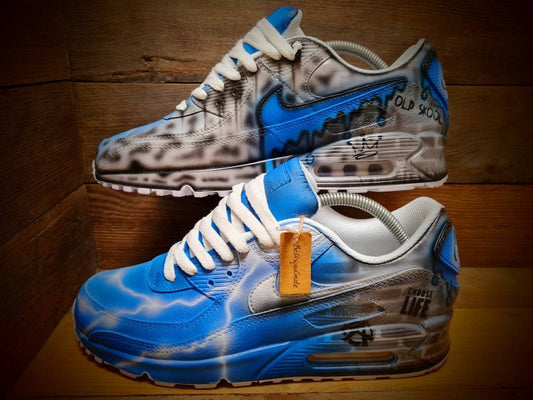 Custom Painted Air Max 90 - Neon Blue White Brick Wall Graffiti Drip Trainers