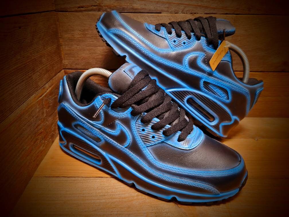 Custom Painted Air Max 90 - Neon Blue Black Cartoon Trainers