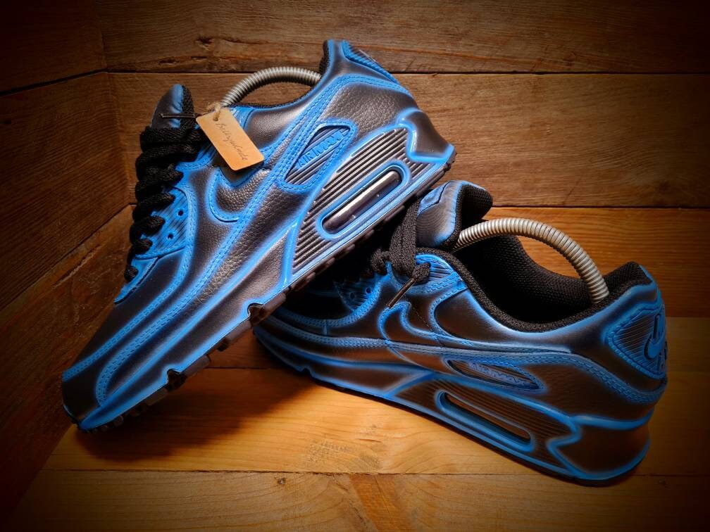 Custom Painted Air Max 90 - Neon Blue Black Cartoon Trainers