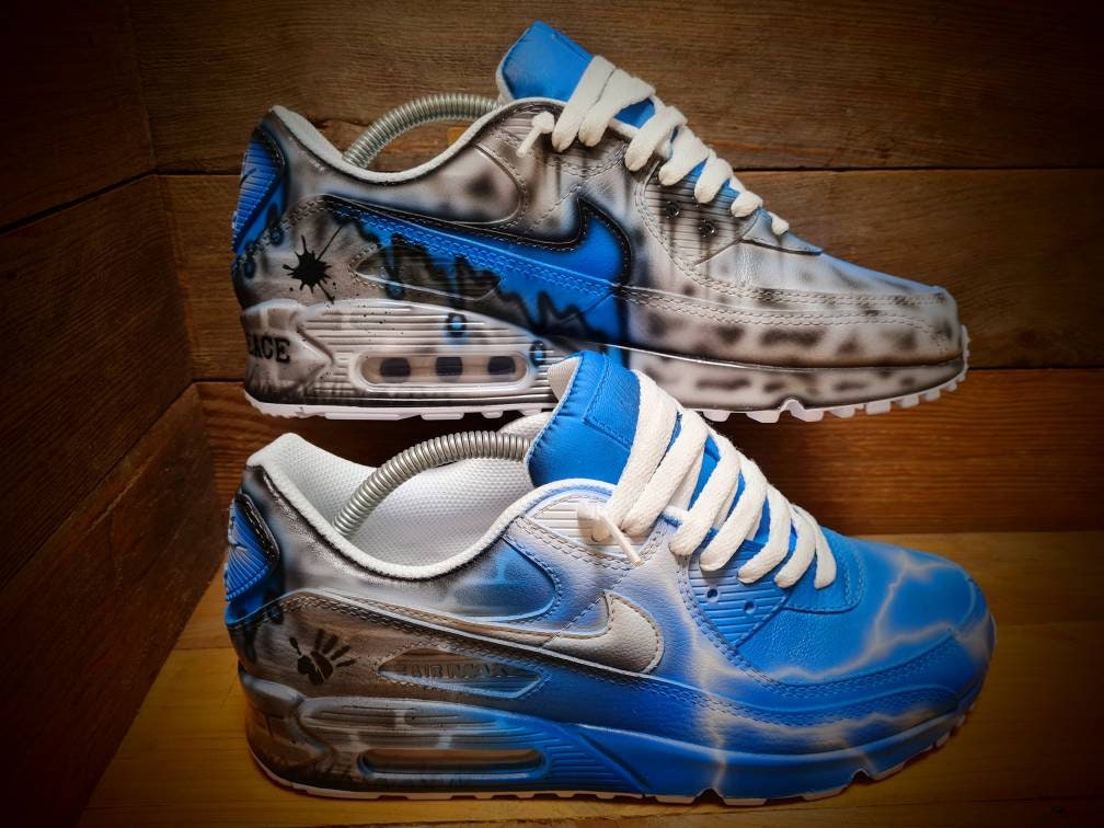Custom Painted Air Max 90 - Neon Blue White Brick Wall Graffiti Drip Trainers
