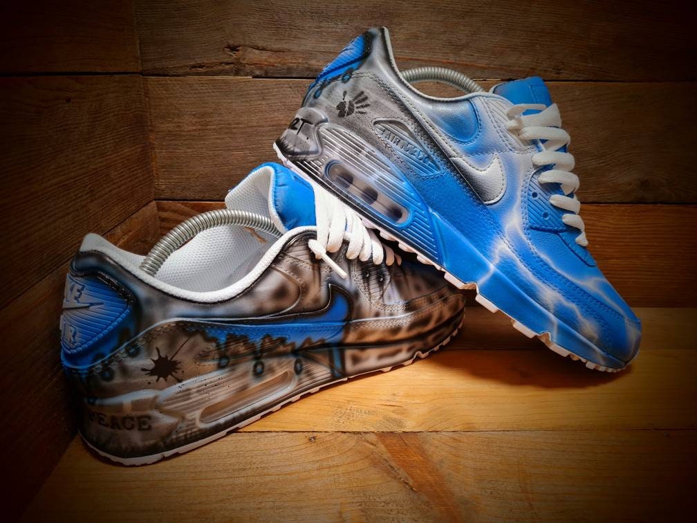 Custom Painted Air Max 90 - Neon Blue White Brick Wall Graffiti Drip Trainers