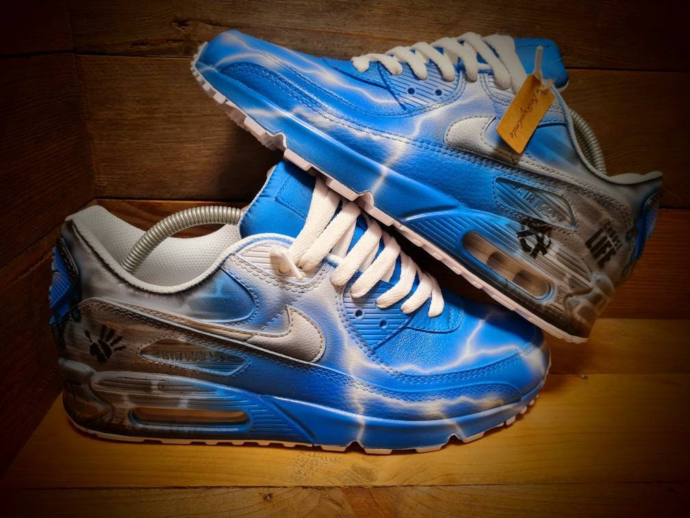 Custom Painted Air Max 90 - Neon Blue White Brick Wall Graffiti Drip Trainers