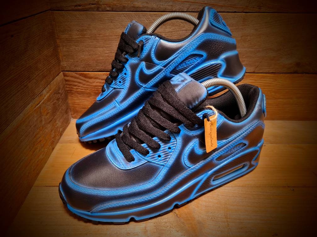 Custom Painted Air Max 90 - Neon Blue Black Cartoon Trainers