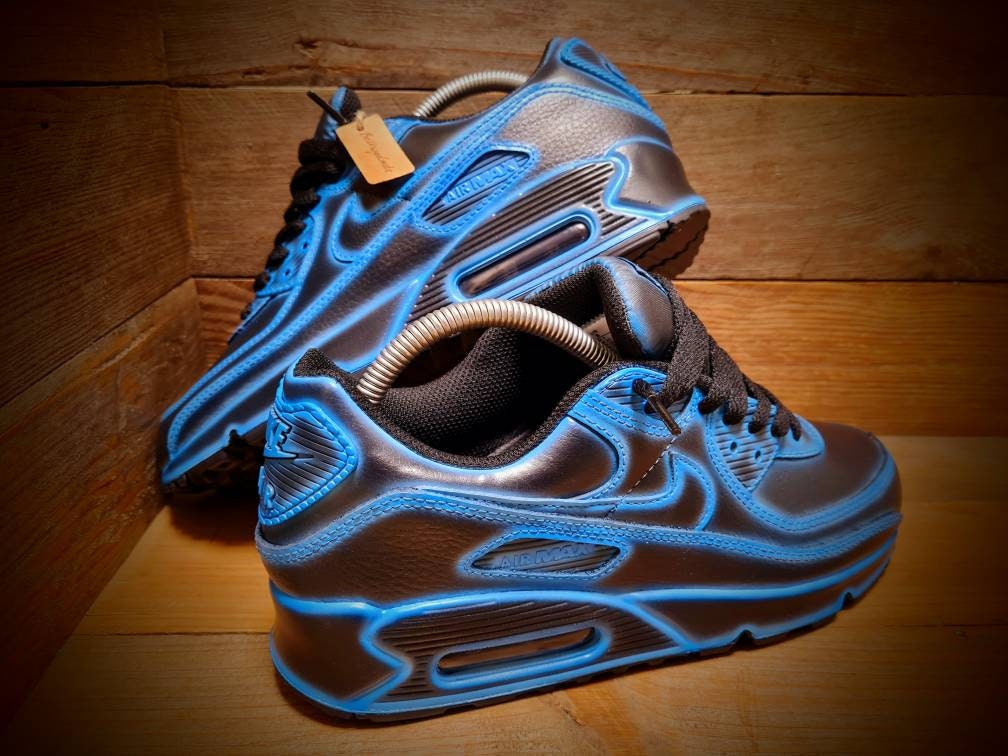 Custom Painted Air Max 90 - Neon Blue Black Cartoon Trainers