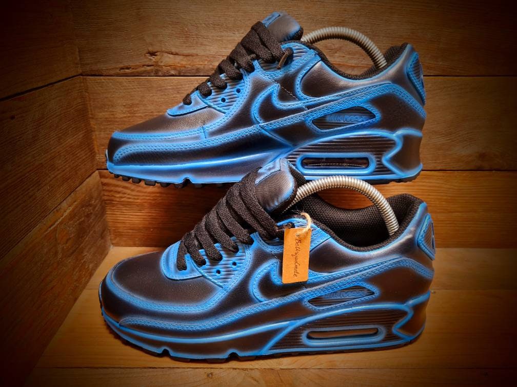 Custom Painted Air Max 90 - Neon Blue Black Cartoon Trainers