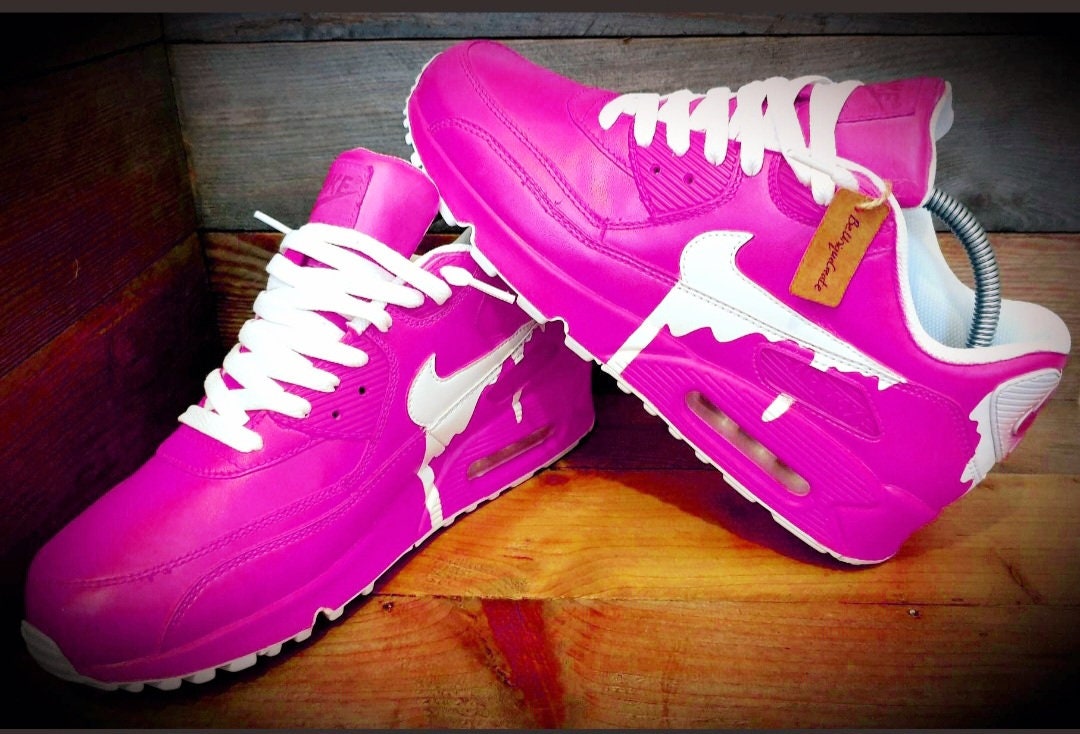 Custom Painted Air Max 90 - Neon Pink White Drip Trainers