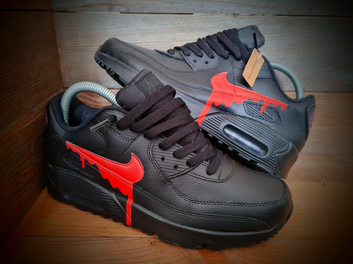 Custom Painted Air Max 90 - Black Red Drip Trainers