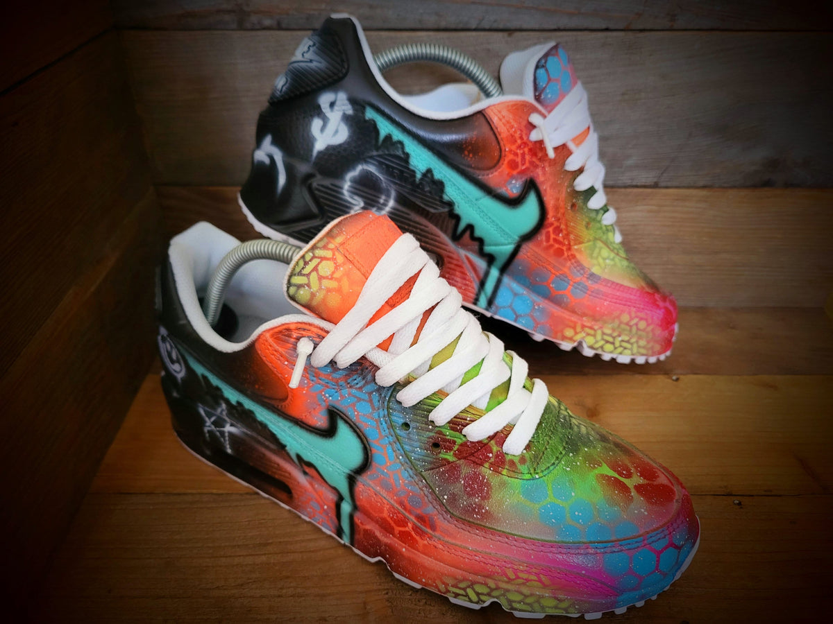 Custom Painted Air Max 90 - Orange Aqua Dripping Graffiti Trainers