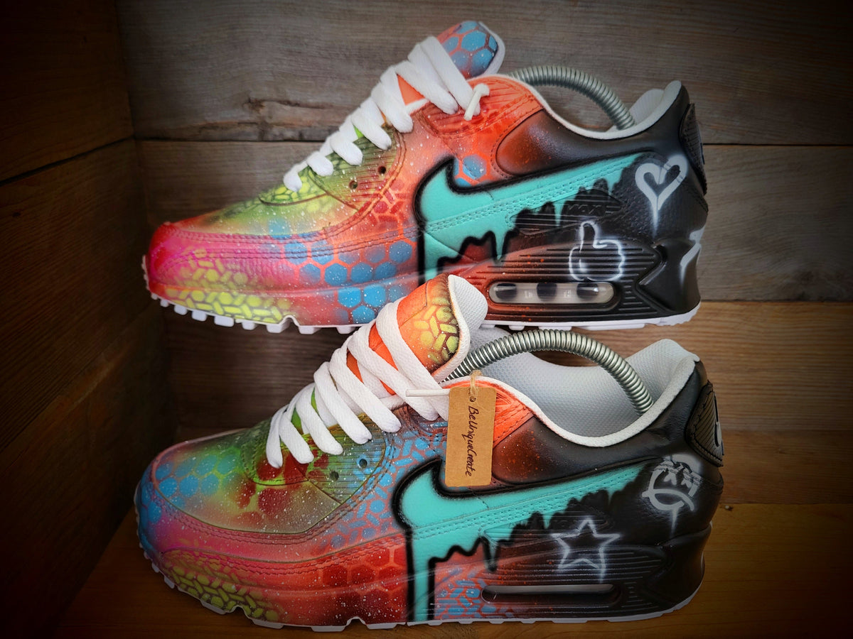Custom Painted Air Max 90 - Orange Aqua Dripping Graffiti Trainers