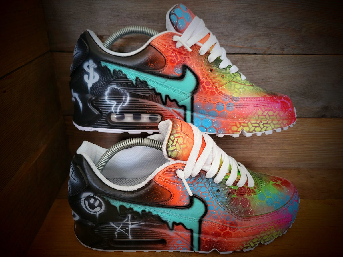 Custom Painted Air Max 90 - Orange Aqua Dripping Graffiti Trainers