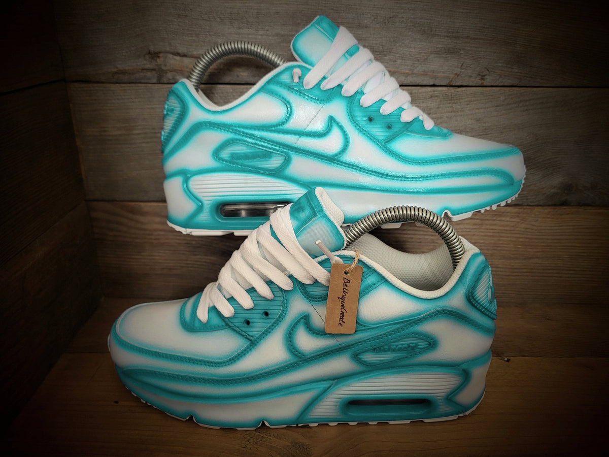 Custom Painted Air Max 90 - Turquoise White Cartoon Trainers