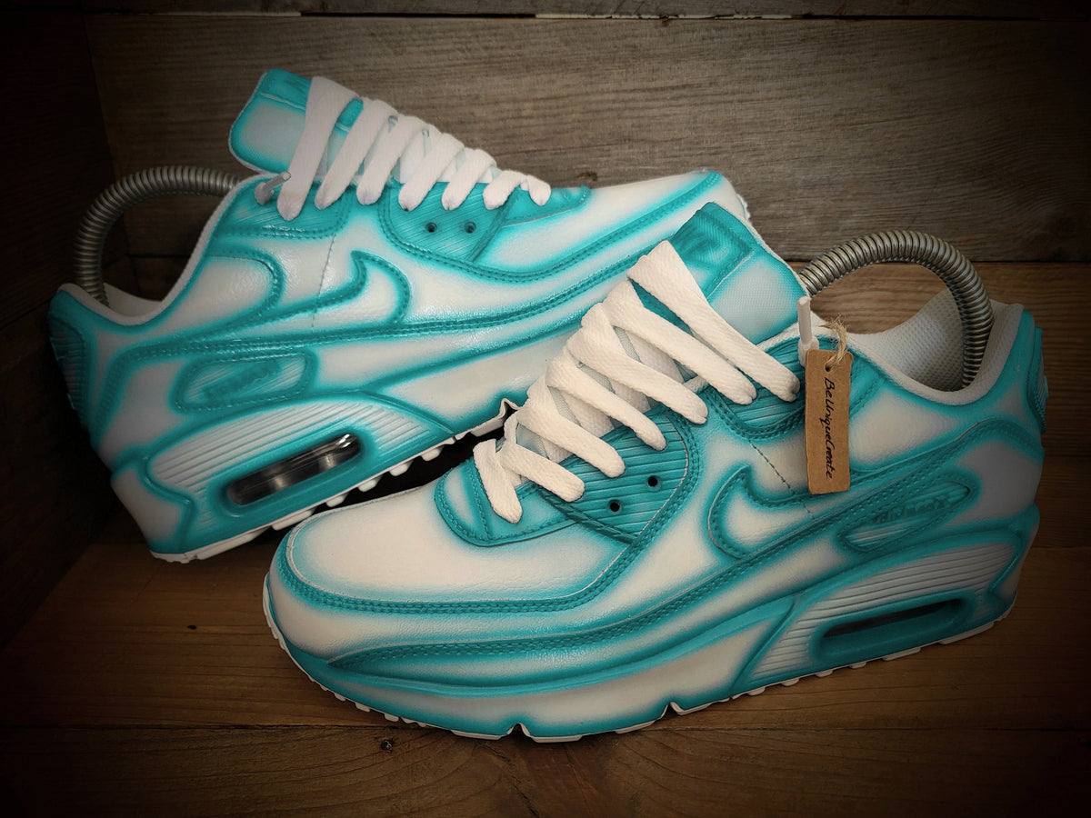 Custom Painted Air Max 90 - Turquoise White Cartoon Trainers