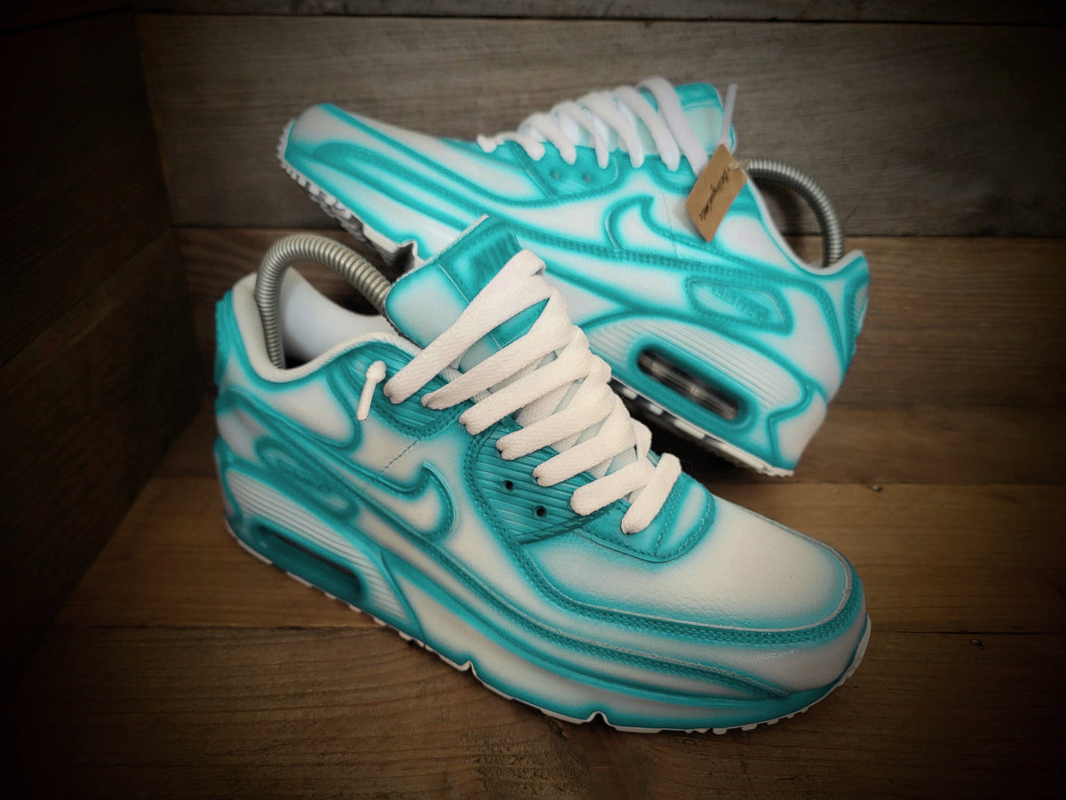 Custom Painted Air Max 90 - Turquoise White Cartoon Trainers