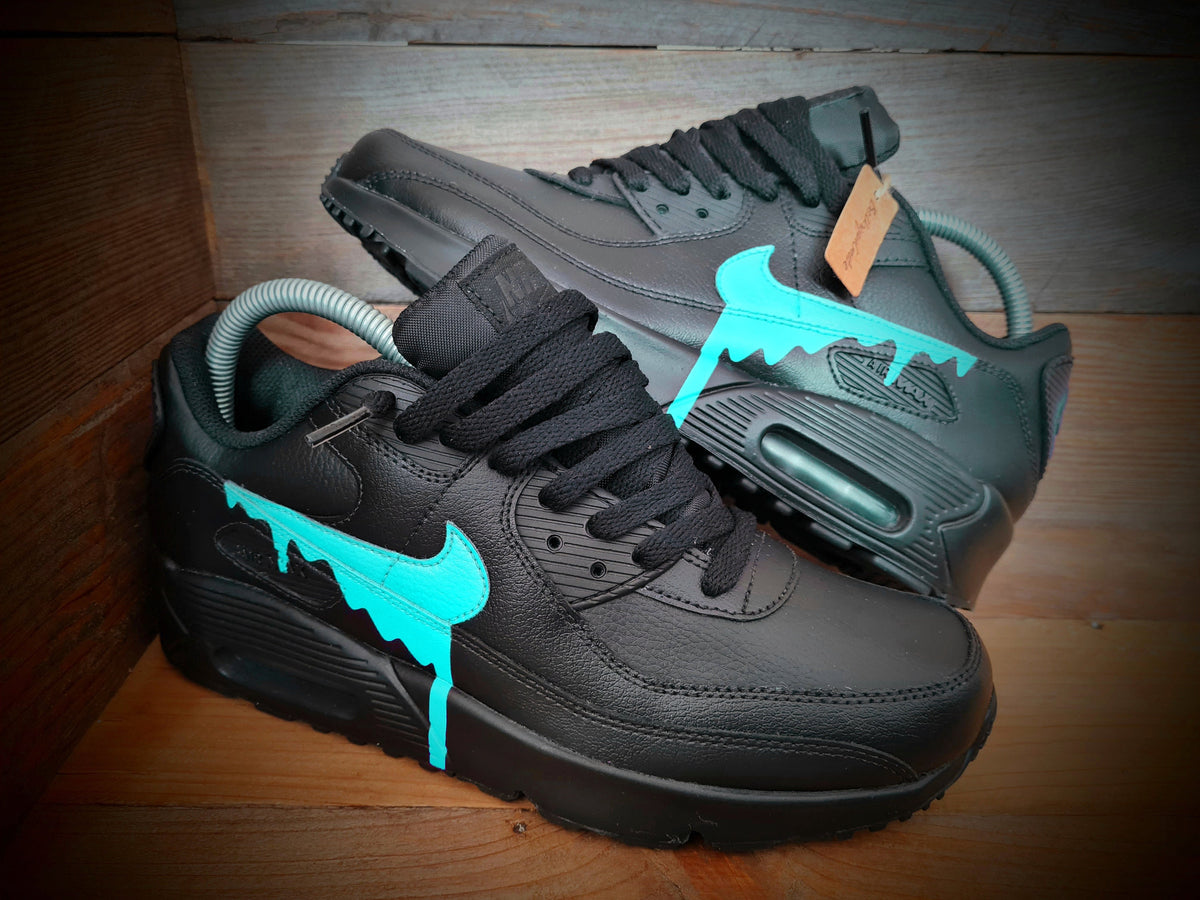 Custom Painted Air Max 90 - Black Aqua Drip Trainers