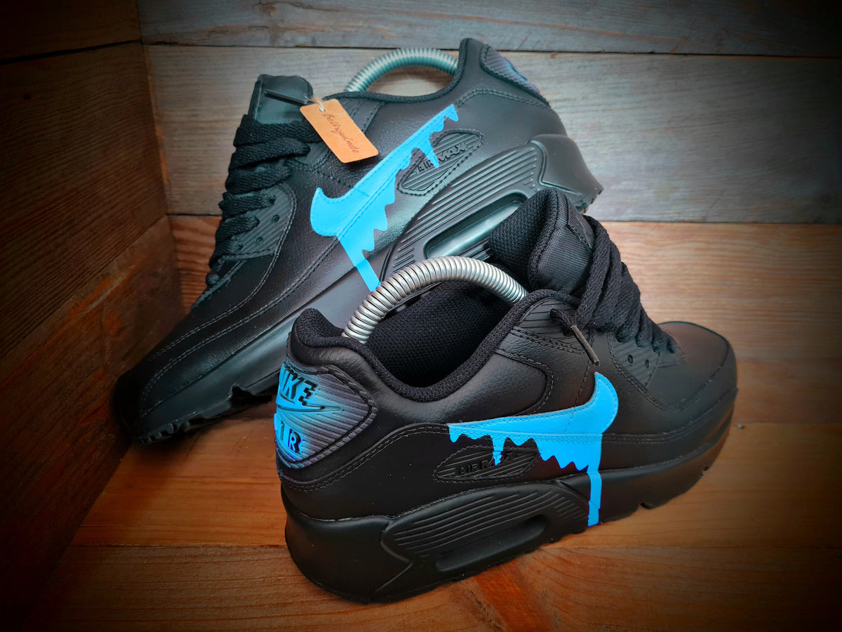 Custom Painted Air Max 90 - Black Pale Blue Drip Trainers