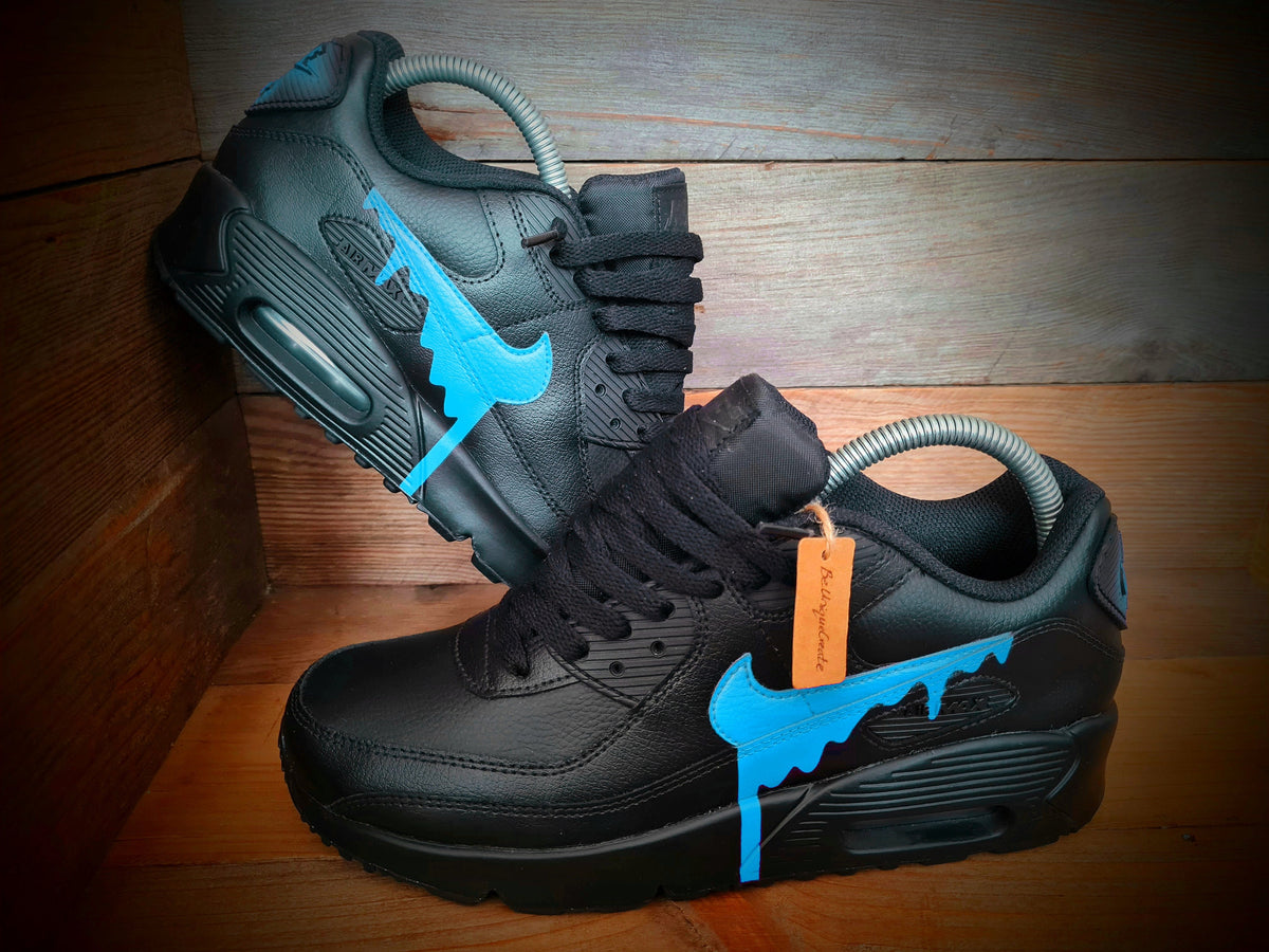 Custom Painted Air Max 90 - Black Pale Blue Drip Trainers