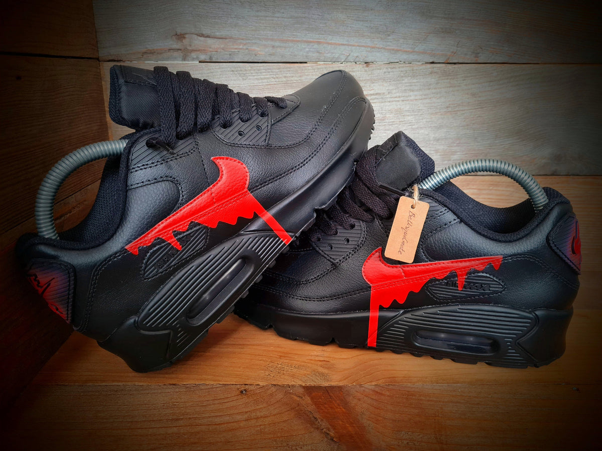 Custom Painted Air Max 90 - Black Red Drip Trainers