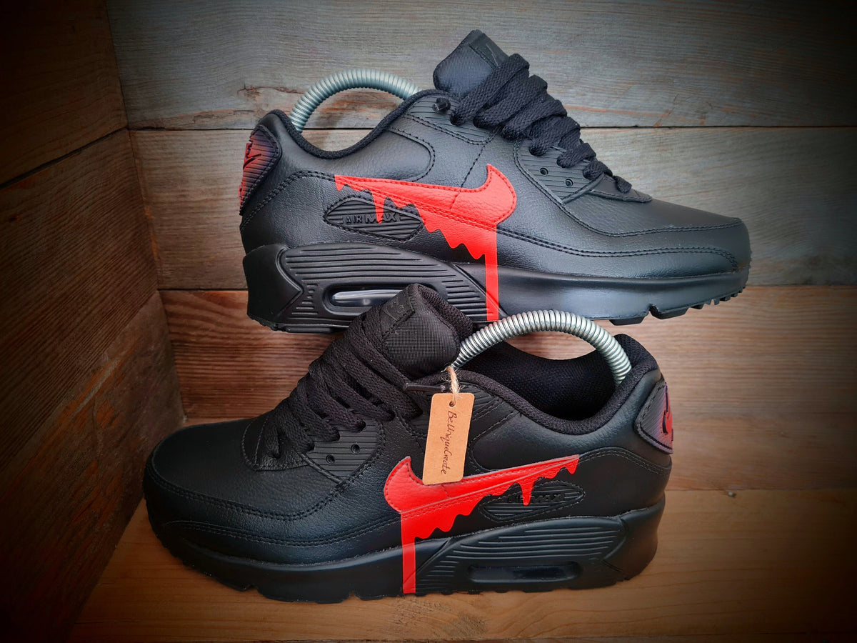 Custom Painted Air Max 90 - Black Red Drip Trainers
