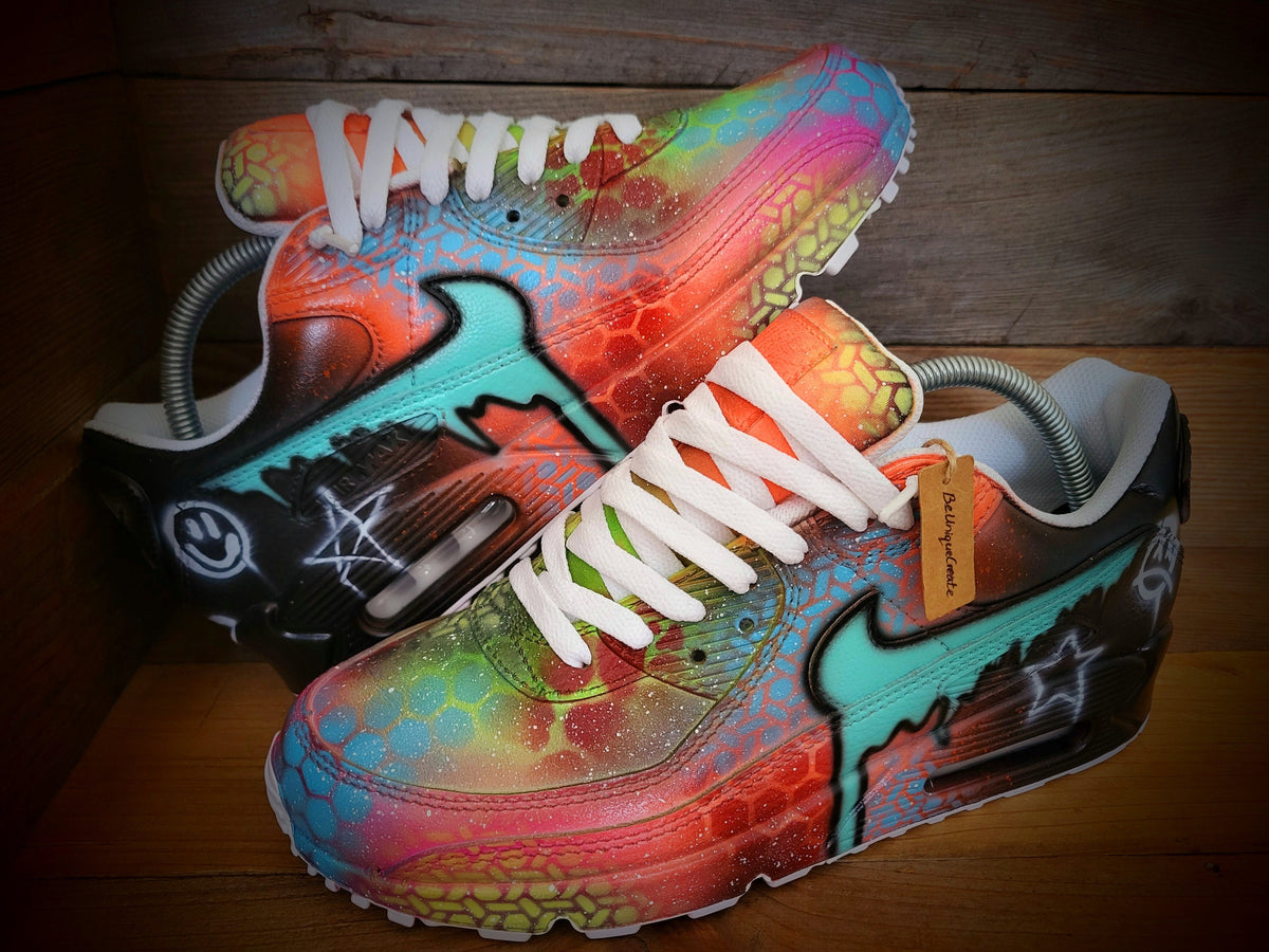 Custom Painted Air Max 90 - Orange Aqua Dripping Graffiti Trainers