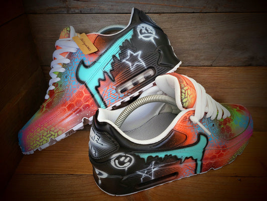 Custom Painted Air Max 90 - Orange Aqua Dripping Graffiti Trainers