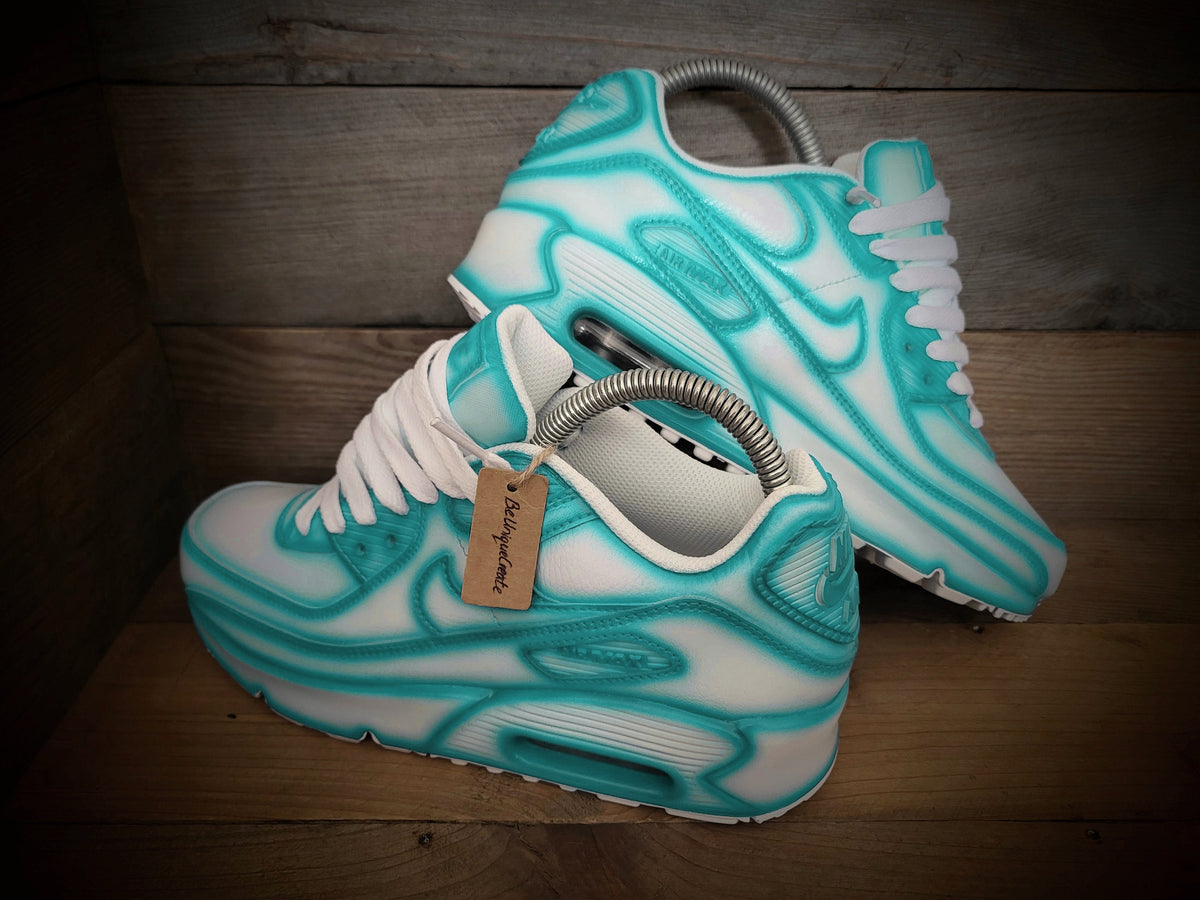 Custom Painted Air Max 90 - Turquoise White Cartoon Trainers