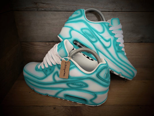 Custom Painted Air Max 90 - Turquoise White Cartoon Trainers