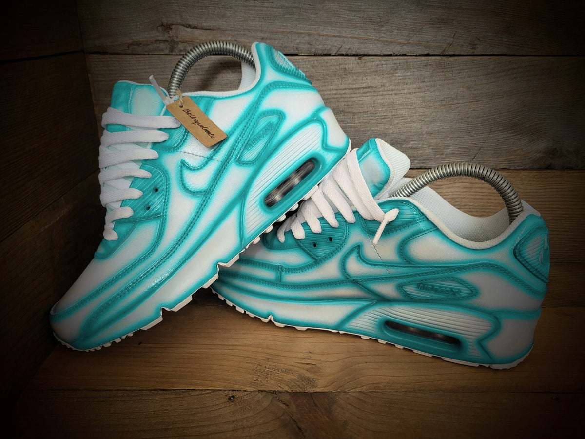 Custom Painted Air Max 90 - Turquoise White Cartoon Trainers