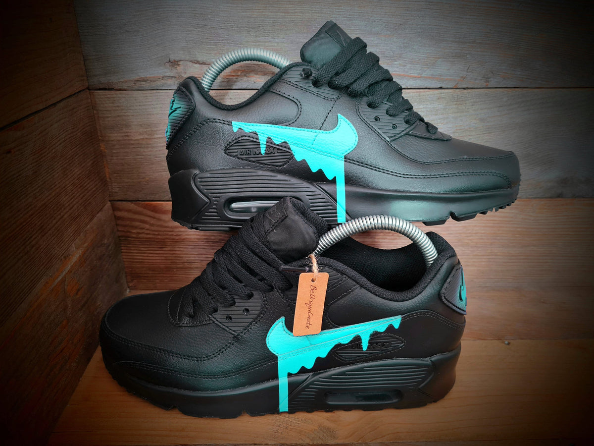 Custom Painted Air Max 90 - Black Aqua Drip Trainers