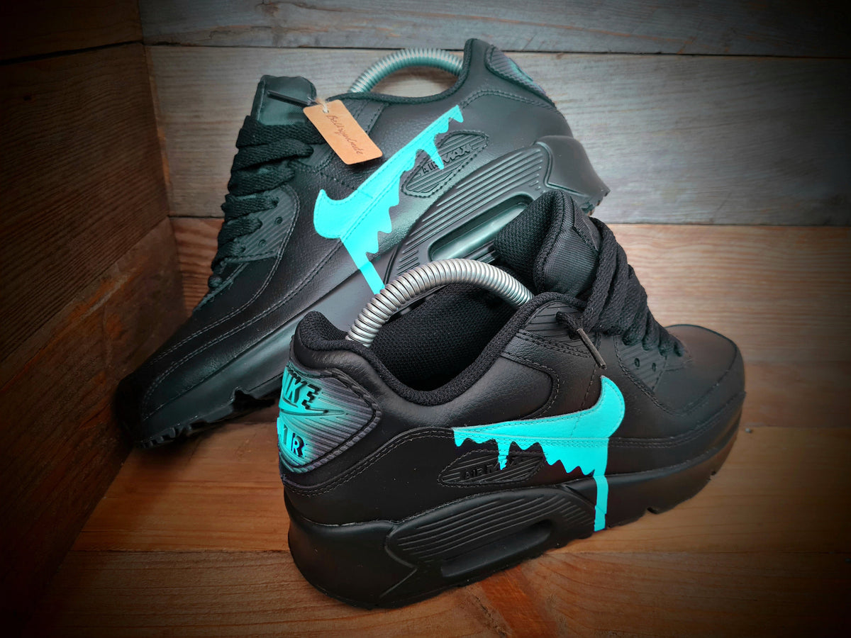 Custom Painted Air Max 90 - Black Aqua Drip Trainers