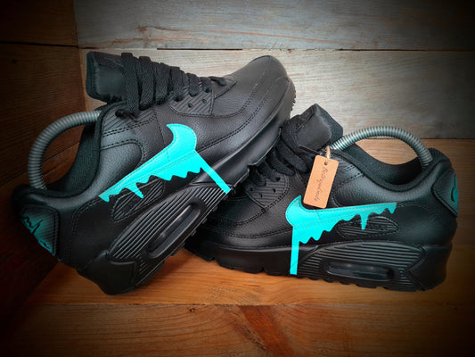 Custom Painted Air Max 90 - Black Aqua Drip Trainers