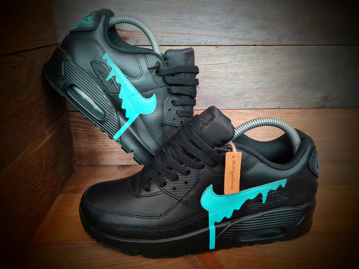Custom Painted Air Max 90 - Black Aqua Drip Trainers