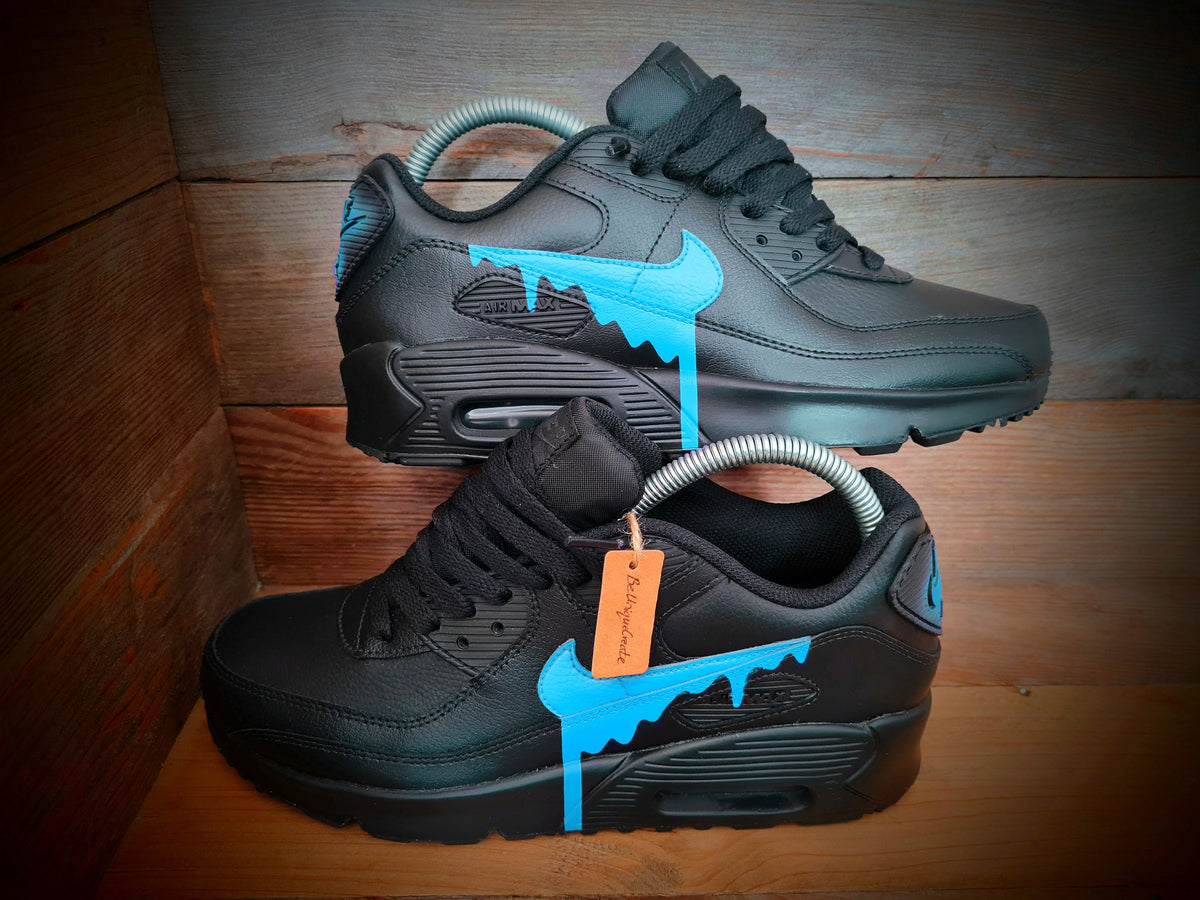 Custom Painted Air Max 90 - Black Pale Blue Drip Trainers