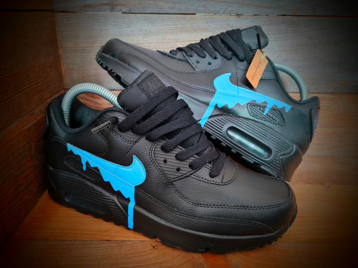 Custom Painted Air Max 90 - Black Pale Blue Drip Trainers