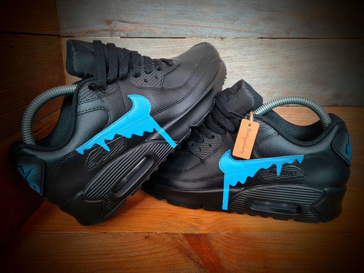 Custom Painted Air Max 90 - Black Pale Blue Drip Trainers