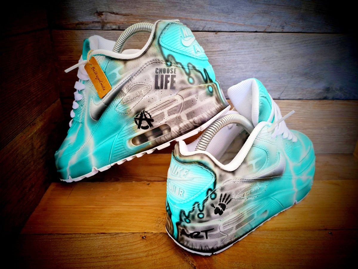 Custom Painted Air Max 90 - Aqua White Brick Wall Graffiti Drip Trainers
