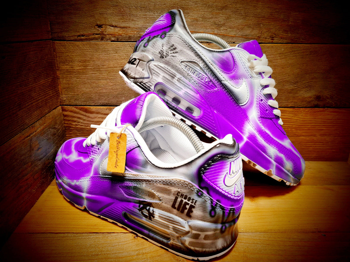 Custom Painted Air Max 90 - Neon Purple White Brick Wall Graffiti Drip Trainers
