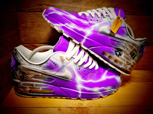 Custom Painted Air Max 90 - Neon Purple White Brick Wall Graffiti Drip Trainers