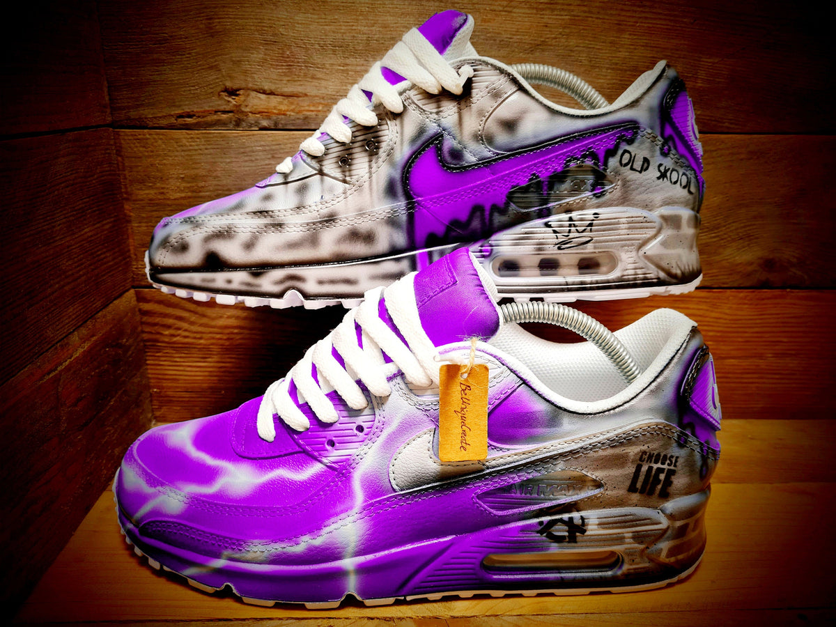 Custom Painted Air Max 90 - Neon Purple White Brick Wall Graffiti Drip Trainers