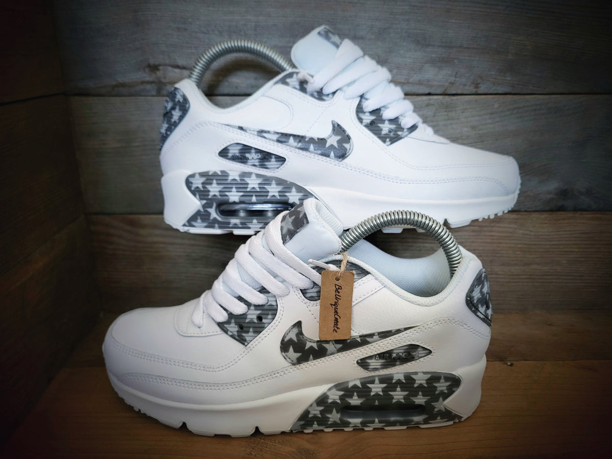 Custom Painted Air Max 90 - Grey White Stars Trainers