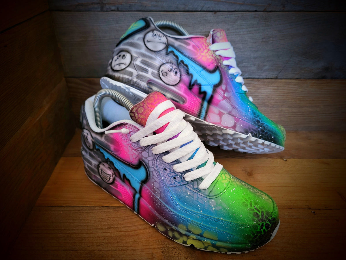 Custom Painted Air Max 90 - Emoji Emotions Pink Blue Drip Trainers