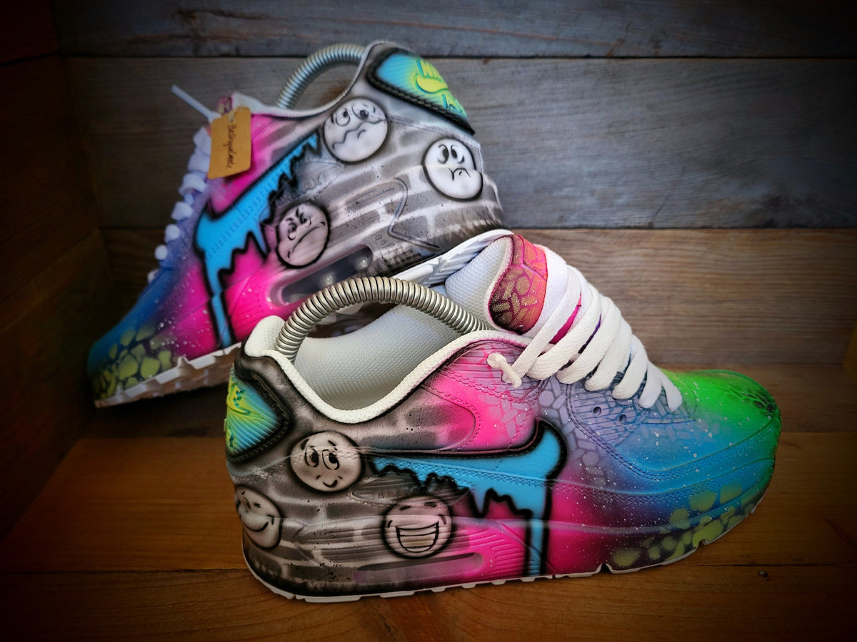 Custom Painted Air Max 90 - Emoji Emotions Pink Blue Drip Trainers
