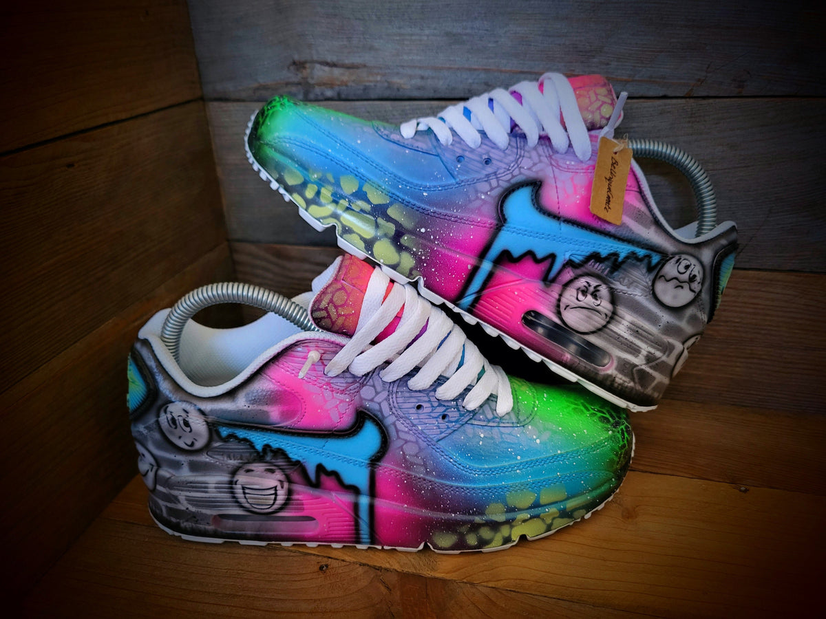 Custom Painted Air Max 90 - Emoji Emotions Pink Blue Drip Trainers