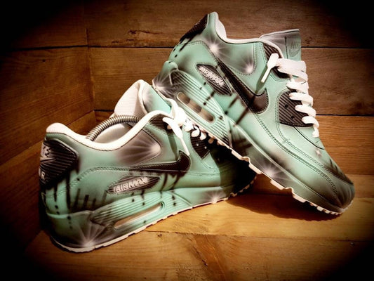 Custom Painted Air Max 90 - Aqua Black Drip Graffiti Trainers