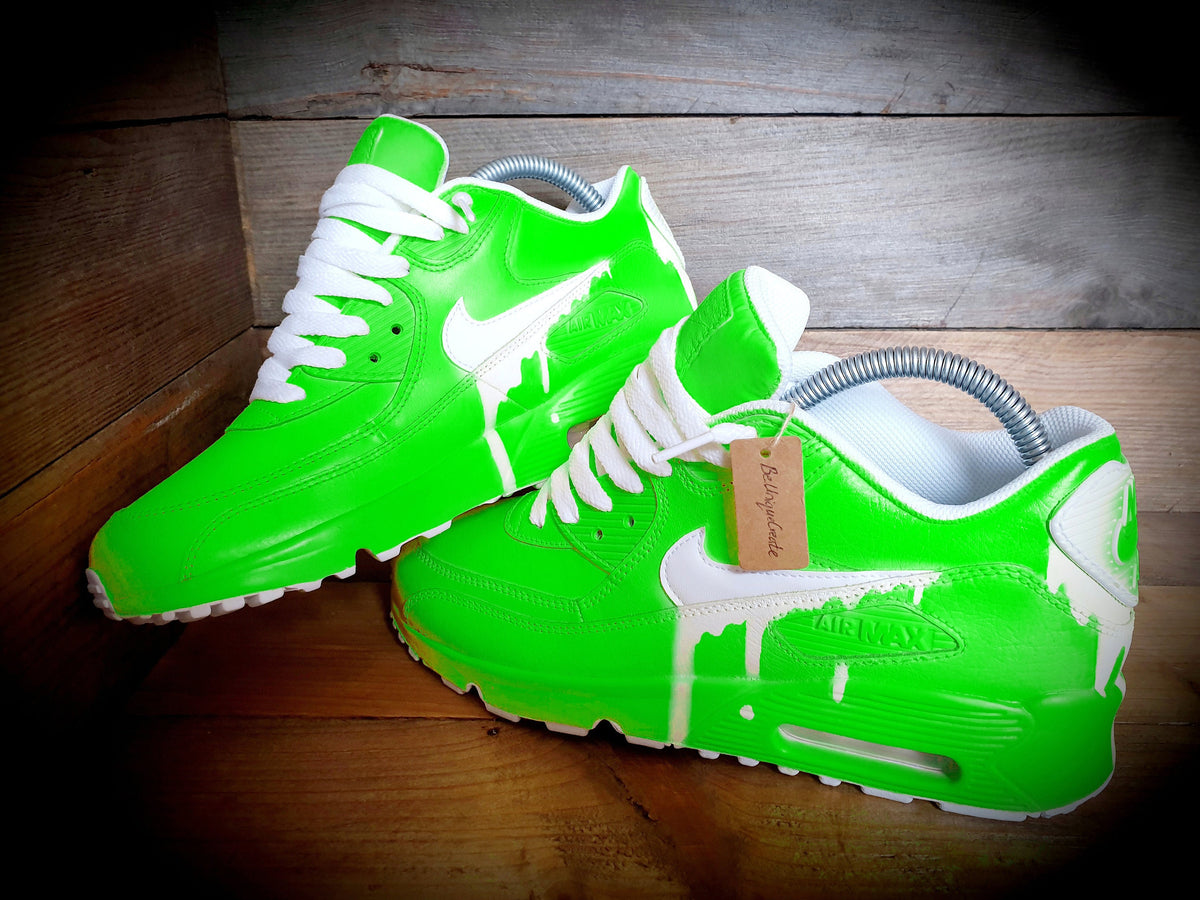 Custom Painted Air Max 90 - Neon Green White Drip Trainers